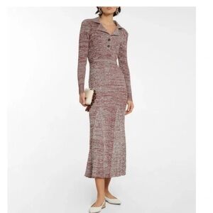 Self-Portrait Dress Space-Dye Knit Midi Button Long Sleeve in Light Blue Red.